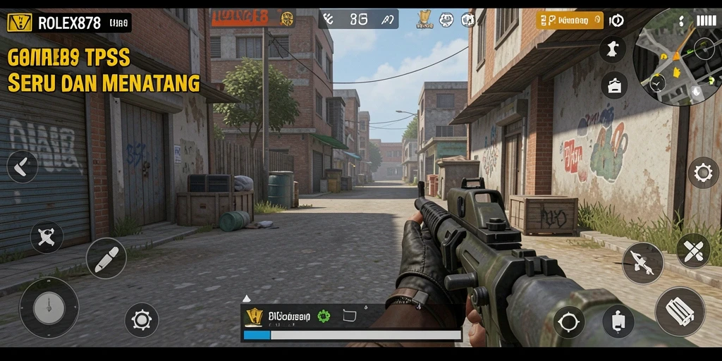 Screenshot gameplay ROLEX878 menunjukkan aksi menegangkan di medan perang TPS.