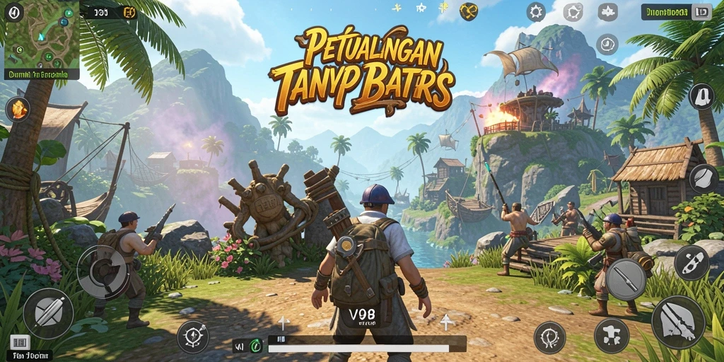 Tampilan gameplay V98 yang menampilkan petualangan dan eksplorasi dunia terbuka.